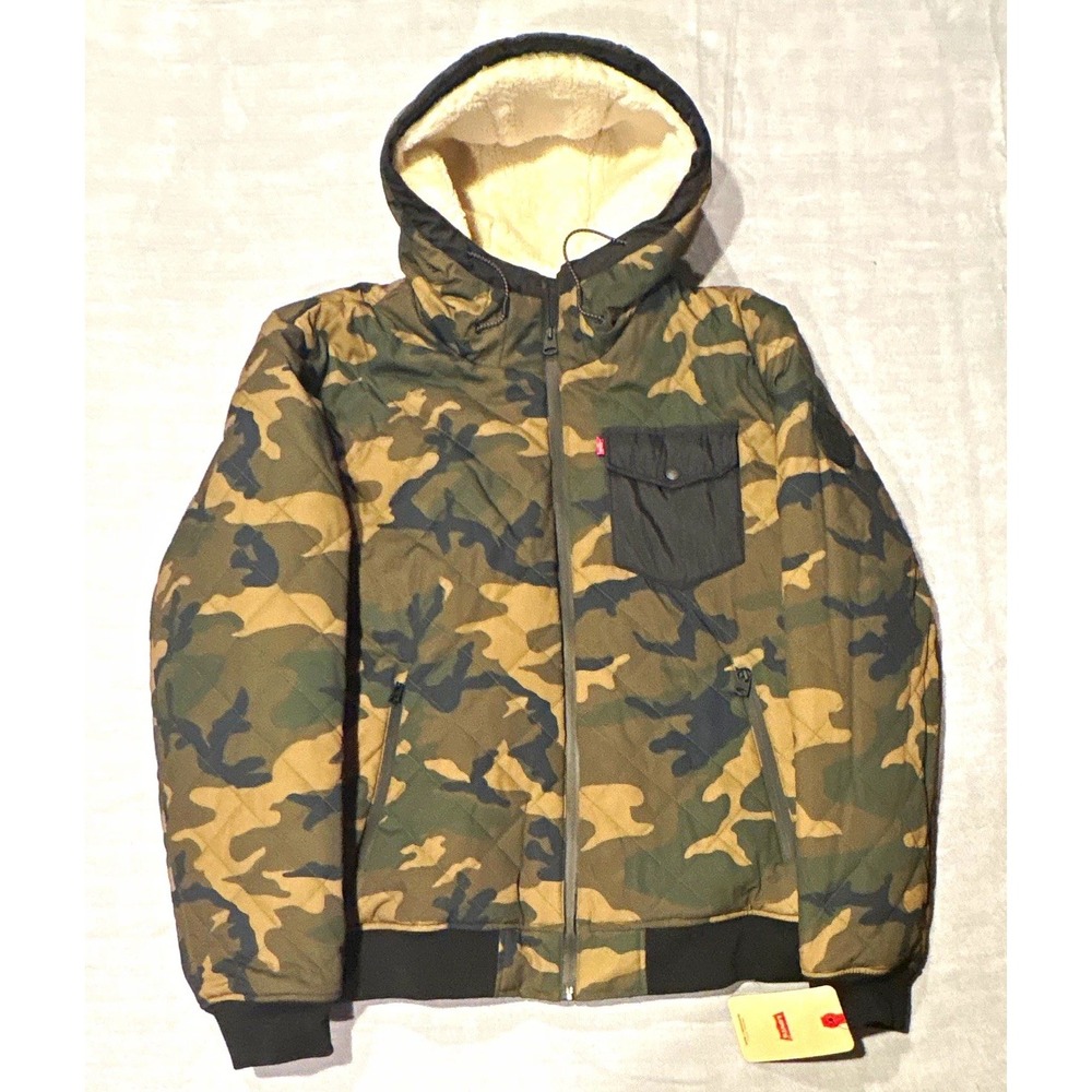 Levi's Men's XL Camo Hooded Quilted Insulated Bomber Jacket Zip Pockets NWT